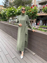 İnvee 6958 Haki Beli Bağlamalı Elbise