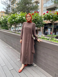 İnvee 6958 Kahve Beli Bağlamalı Elbise