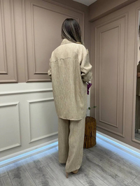 Lisa Exclusive 5078 Bej Çizgili Keten Takım