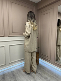 Lisa Exclusive 5078 Bej Çizgili Keten Takım