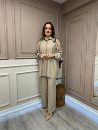 Lisa Exclusive 5078 Bej Çizgili Keten Takım