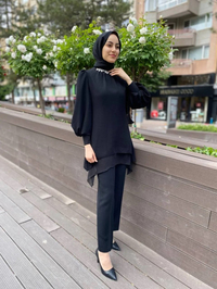 Matex 24Y01787076 Siyah Yakası Taşlı Pantolonlu Takım