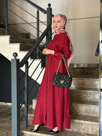 Miss Dalida 2264551 Cherry Erkek Yaka İpek Keten Uzun Elbise