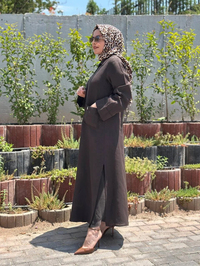 Miss Dalida 2268284 Kakao Nakış Detaylı Düğmeli Keten Uzun Kap