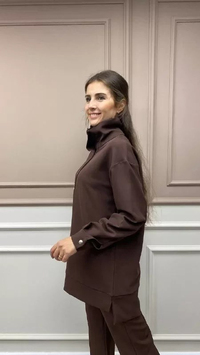 Missemramiss B3605 Kahverengi Yüksek Yaka Taşlı Bluz