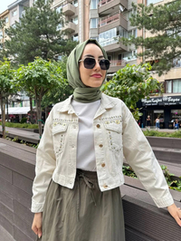 Missemramiss C4294 Ekru Taş İşlemeli Midi Kot Ceket