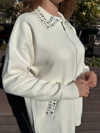 Missemramiss H4588 Ekru Taş İşlemeli Triko Hırka