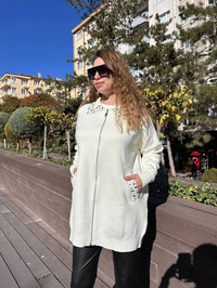 Missemramiss H4588 Ekru Taş İşlemeli Triko Hırka