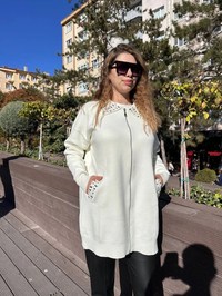 Missemramiss H4588 Ekru Taş İşlemeli Triko Hırka