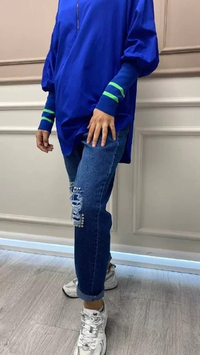 Missemramiss P3693 Lacivert Taş Detaylı Yırtık Mom Jean