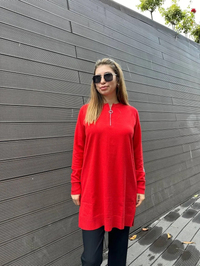 Missemramiss T4587 Kırmızı Live Fermuar Detaylı Triko Kazak