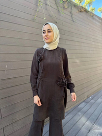 Misswhence 34026 Kahverengi Gül Detaylı İpek Tunik