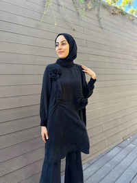 Misswhence 34026 Siyah Gül Detaylı İpek Tunik