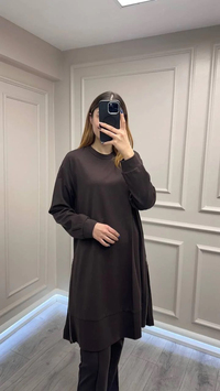 Misswhence 38020 Kahve Yanları Fermuar Detaylı Tunik