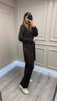 Misswhence 38020 Kahve Yanları Fermuar Detaylı Tunik