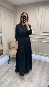 Misswhence 38809 Siyah Jakarlı Cupro Elbise