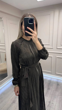 Misswhence 38835 Kahve Fermuar Detaylı Cupro Elbise