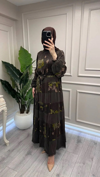 Misswhence 39843 Kahverengi Şerit Detaylı Desenli Elbise