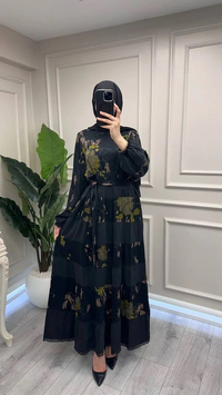 Misswhence 39843 Siyah Şerit Detaylı Desenli Elbise