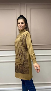 Misswhence MİSS225 Camel Baskılı Triko Tunik