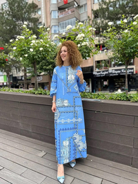 Noi 32214 Mavi Fitilli Örme Çizgi Desen Elbise