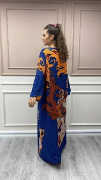 Noi 43200 İndigo Desenli Kolları Büzgü Elbise