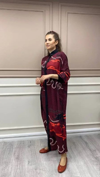 Noi 43220 Bordo Dökümlü Kemer Baskılı Gömlek Elbise