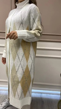 Noi 43700 Ekru Baklava Desen Uzun Triko Hırka