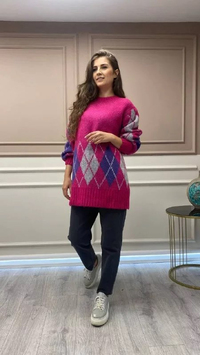 Noi 43701 Fuşya Baklava Desen Kazak