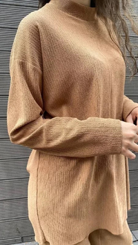 Noi 43711 Camel Yarısı Çizgisel Örgü Triko Bluz