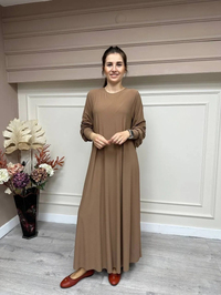 Noi 53222 Camel Krep Jarse Kolları Manşetli A Form Elbise