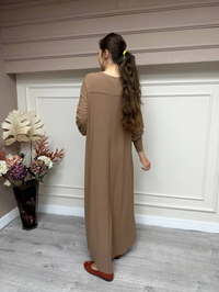 Noi 53222 Camel Krep Jarse Kolları Manşetli A Form Elbise