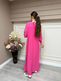 Noi 53222 Fuşya Krep Jarse Kolları Manşetli A Form Elbise