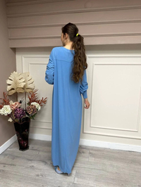 Noi 53222 Mavi Krep Jarse Kolları Manşetli A Form Elbise