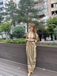 Noi 53257 Camel Saten Kumaş Desenli Elbise