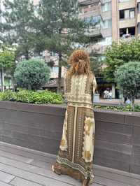 Noi 53257 Camel Saten Kumaş Desenli Elbise