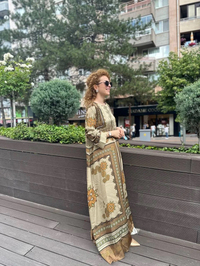 Noi 53257 Camel Saten Kumaş Desenli Elbise