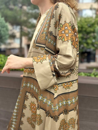 Noi 53257 Camel Saten Kumaş Desenli Elbise