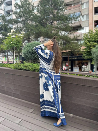 Noi 53257 İndigo Saten Kumaş Desenli Elbise