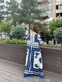 Noi 53257 İndigo Saten Kumaş Desenli Elbise