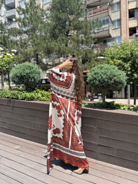 Noi 53257 Kiremit Saten Kumaş Desenli Elbise