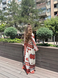 Noi 53257 Kiremit Saten Kumaş Desenli Elbise