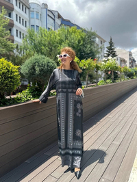 Noi 53257 Siyah Saten Kumaş Desenli Elbise