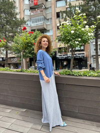 Noi 53260 İndigo Kendinden Kraşlı İki Renk Elbise