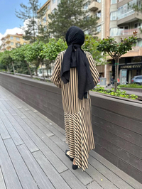 Noi 64205 Camel Çizgili Eteği Volanlı Gömlek Elbise