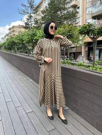 Noi 64205 Camel Çizgili Eteği Volanlı Gömlek Elbise