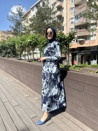 Noi 64214 Lacivert Jarse Japanese Summer Desenli Omuzları Volanlı Elbise