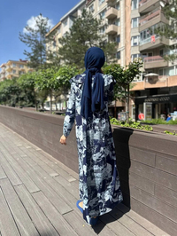 Noi 64214 Lacivert Jarse Japanese Summer Desenli Omuzları Volanlı Elbise