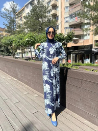 Noi 64214 Lacivert Jarse Japanese Summer Desenli Omuzları Volanlı Elbise