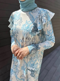 Noi 64214 Mint Jarse Japanese Summer Desenli Omuzları Volanlı Elbise